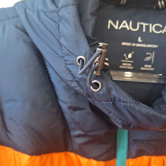 Nautica Poly Hooded Regular Fit Puffer Jacket Mens Sz Large Hunt Orange NWT $175 - Picture 9 of 13